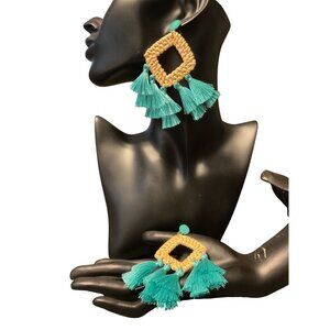 Handwoven Rattan & Teal Tassel Statement Earrings